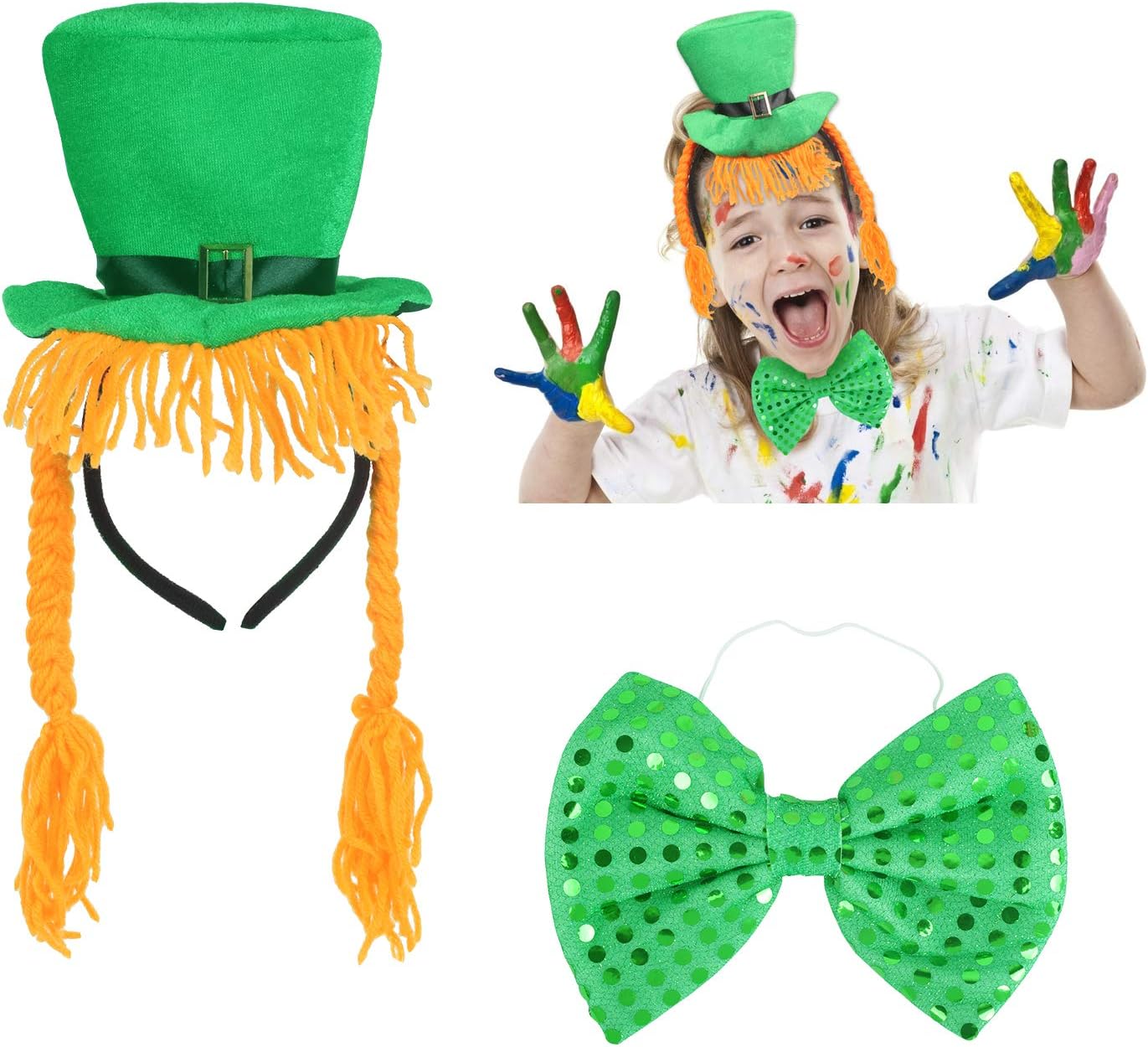 SEELOK St. Patrick's Day Accessory Decoration, St. Patrick's Day Headband with Orange Hair Braid and Bow for Costume Fancy Dress Party Irish Day Themed Ireland Party Supplies