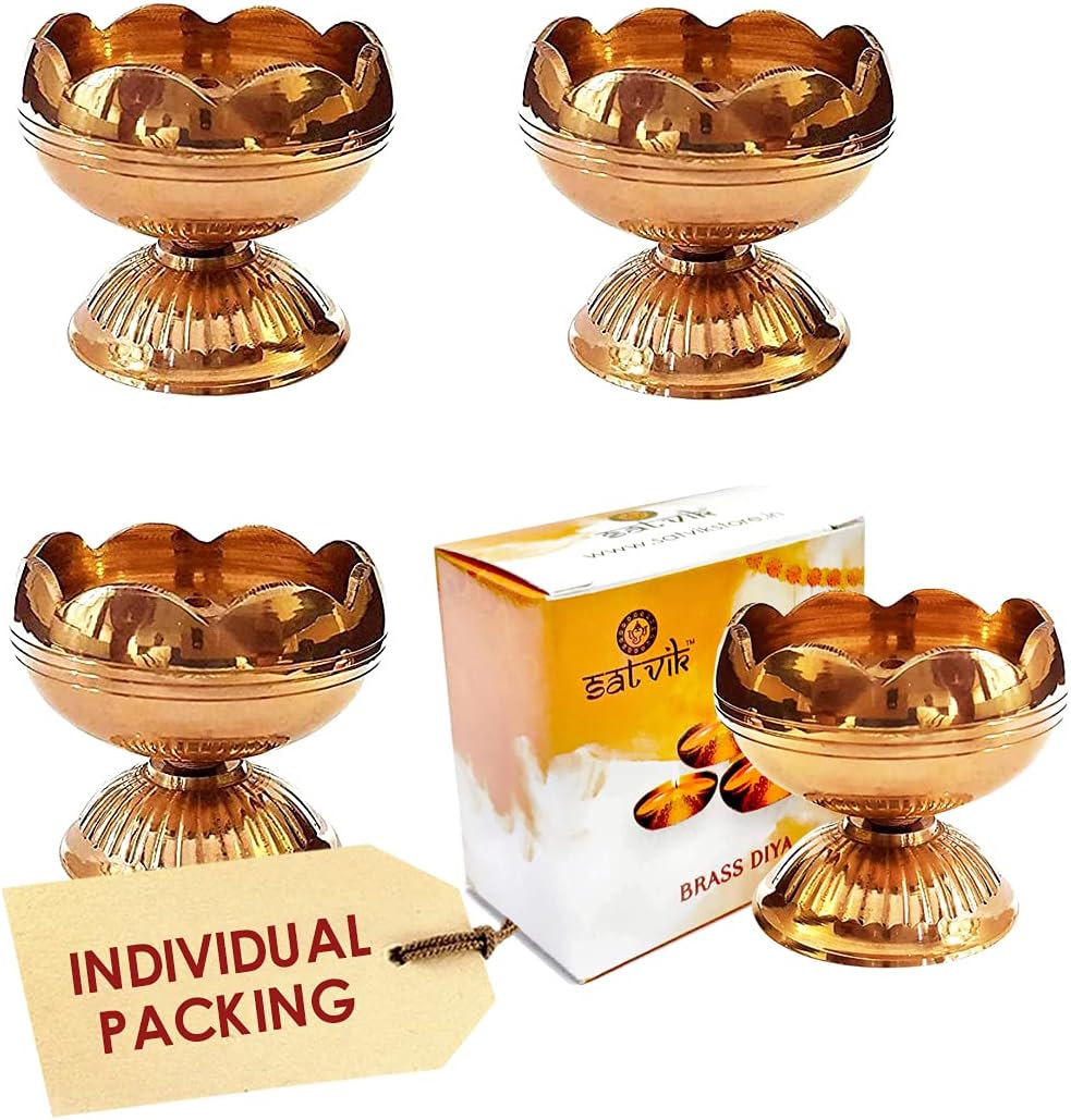 Oil Lamps & Accessories - SATVIK 4 Pc Brass Diya for Diwali Decoration. Handmade Golden Virgin Brass Metal Oil Lamp Dia Vilakku for Puja Pooja. Traditional Indian Deepawali Housewarming Return Gift Items for New Home House