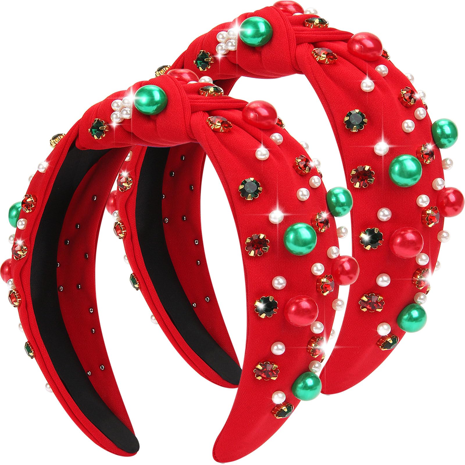 Photo 1 of ******** PACK OF 2***** Corabsar 2Pcs Christmas Headbands for Women - Red Green Pearl Rhinestone Crystal Jeweled Headbands - Fashion Elegant Wide Top Knot Christmas Headband for Holiday Costumes for Women Accessories(Red)