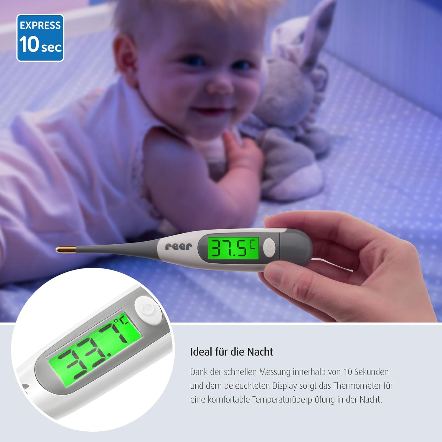 reer ExpressTemp Pro Digital Fever Thermometer 10 Seconds Gold Plated Flexible Tip Illuminated