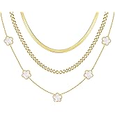 Gold Layered Necklace for Women - 3Pcs 18K Gold Plated Floral Necklaces, Stainless Steel Stackable Cuban Link Chain Non Tarnish Trendy Jewelry, Herringbone Chokers Christmas Birthday Gifts for Her