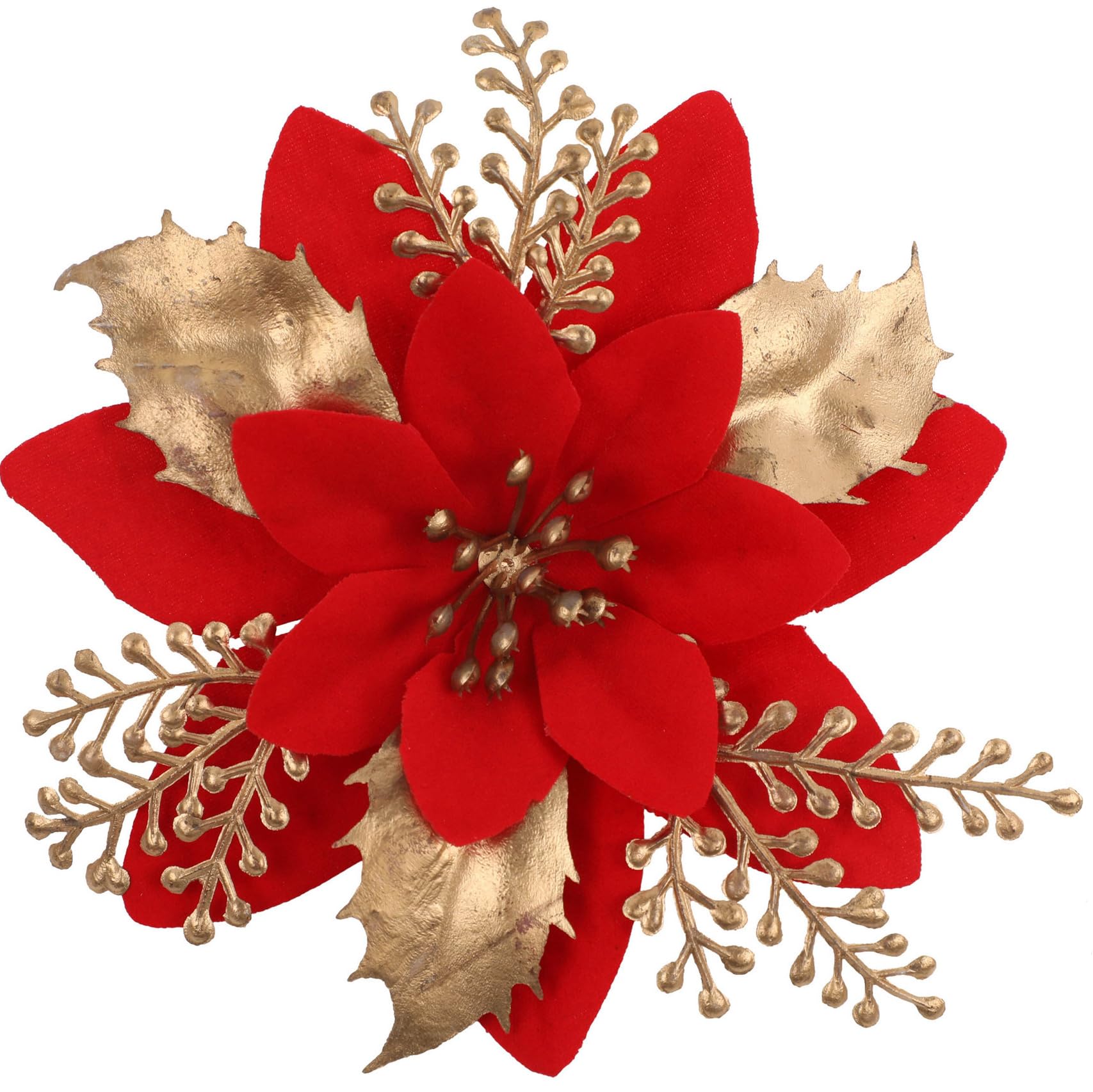 Photo 1 of 24 Pcs 6" Poinsettia Flowers for Christmas Tree Decorations with Clips and Stem, Artificial Flowers Decor for Tree Flower Decorations DIY Xmas Red Christmas Ornaments for Wreath Home Party, Gold Red