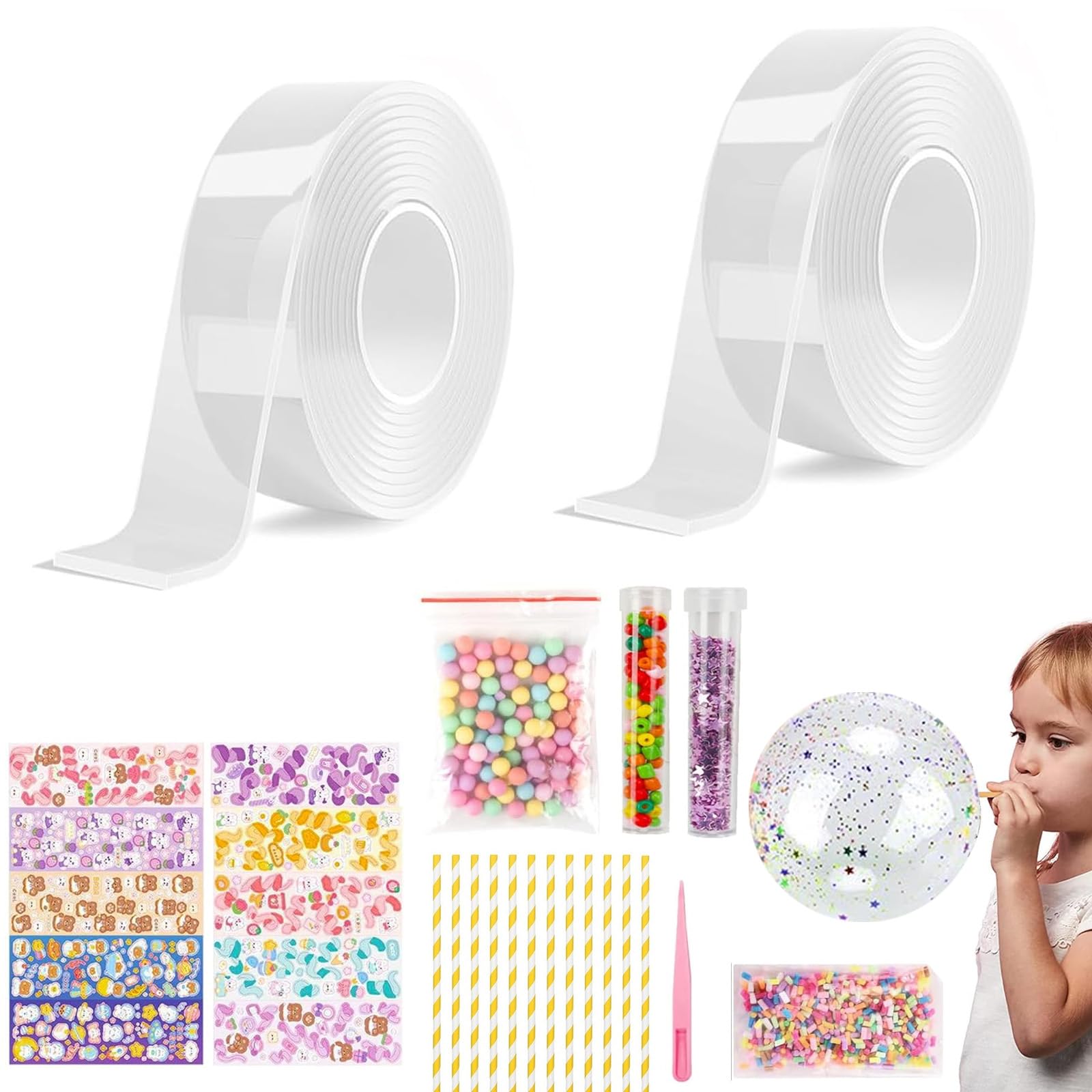 Eowppue 27-Piece Nano Tape Bubble Crafting Kit - Double-Sided Nano Tape for DIY Bubbles, Includes Sequins, Glitter, and Stickers - Creative Water Ball Craft Set for Kids and Adults