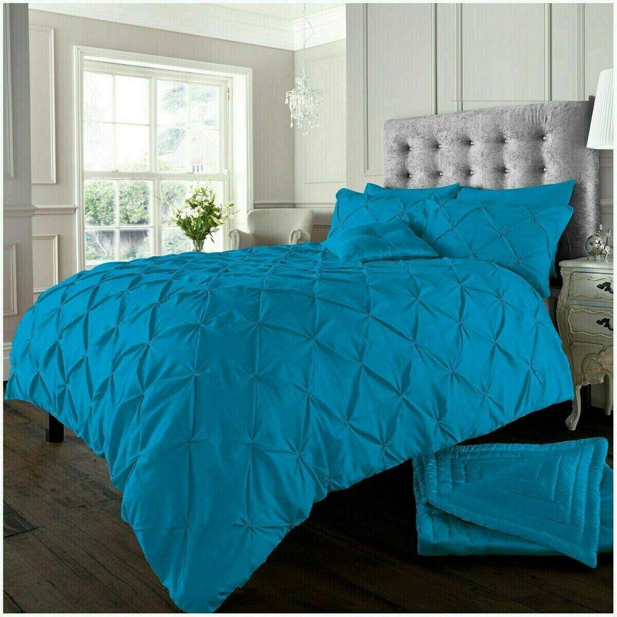 EXQUIZIT HOME® Luxury Duvet Cover Set – Alexander Alford Pin Tuck Pinch Pleat Reversible Diamond Bedding Set with Matching Pillowcase Pack of 2, 50% Cotton 50% Polyester (Teal – Double 200 x 200 cm)