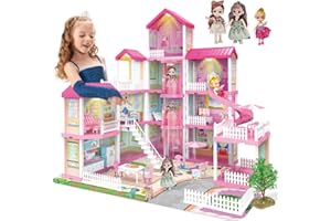 DINOTRONIC Dreamy Dollhouse Playset with Elevator,Slide,Stairway,Lights,Furniture,Accessories,Pretend Play Dollhouse with 3 Dolls& 2 Pets,Best DIY Doll House for 3 4 5 6 7 8 Year Old Kids Girls (13 Rooms)