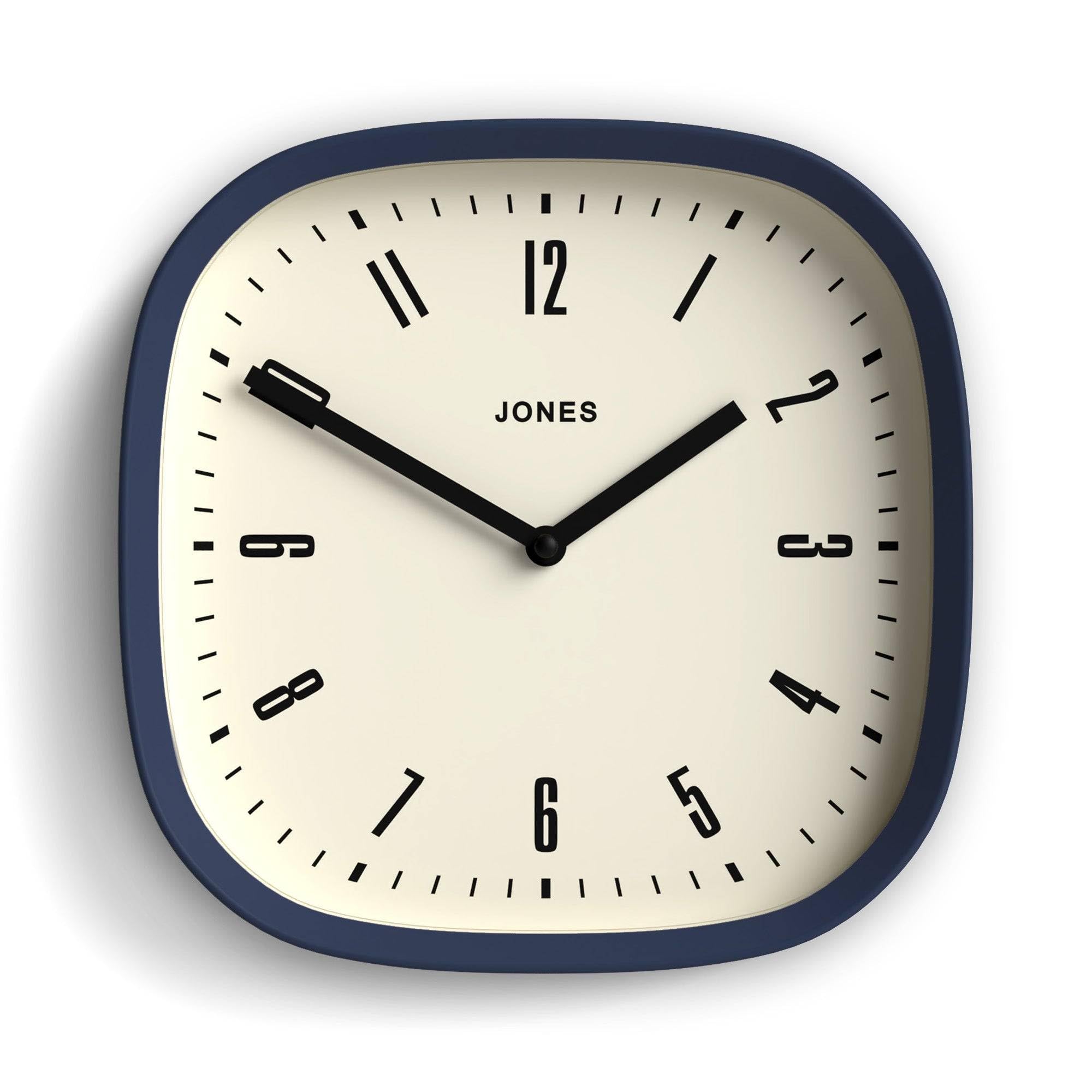 Jones Clocks® Marvel wall clock | Retro rounded square clock | 25cm | Indigo Blue | Cool designer look for kitchen, living room or office