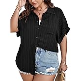 SCOMCHIC Women Plus Size Button Down Short Sleeve Shirts Collared Textured Summer Blouse Casual Tops with Pockets