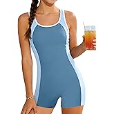Dearnow Girls One Piece Boyleg Swimsuit Color Block Athletic Bathing Suit Quick Dry Protection Crossback Swimwear for Kids