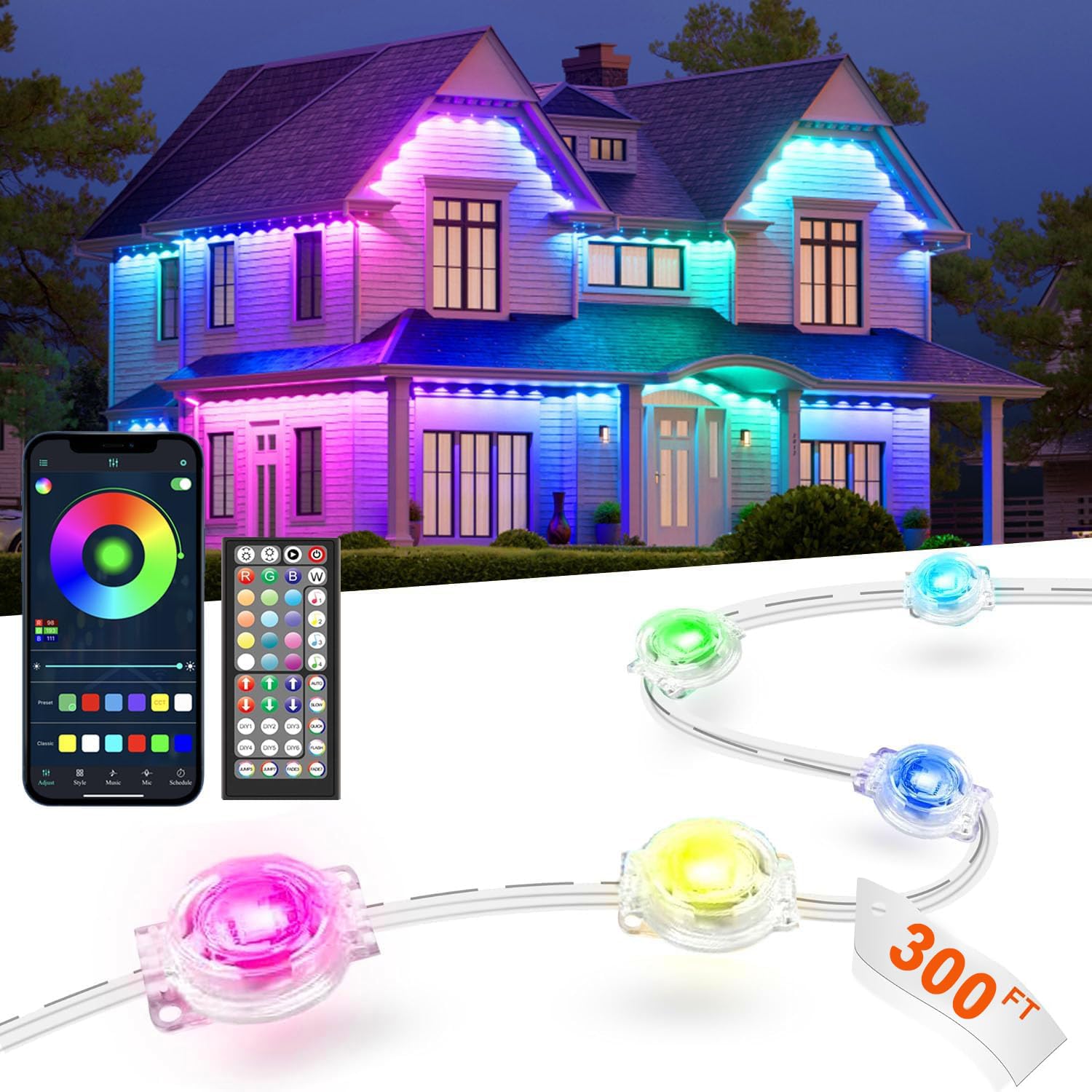 Photo 1 of Permanent Outdoor Lights,Smart Eave Light RGB Color-Changing LED House Lighting with App & Remote, Christmas Light Effects, IP67 Weatherproof Outdoor Lights for Holidays & Christmas Decorations, 300FT