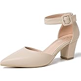 Women's Pointed Toe Pumps Low Block Chunky Heels Closed Toe Ankle Strap Buckle D'Orsay Dress Wedding Bridal Business Shoes