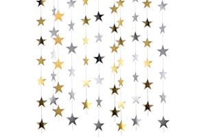 Patelai 130 Feet Glitter Star Garland Banner Decoration Hanging String Star New Year Eve Party Supplies Gold Black Party Decor for 2026 New Year Valentines Wedding Birthday (Gold and Silver)