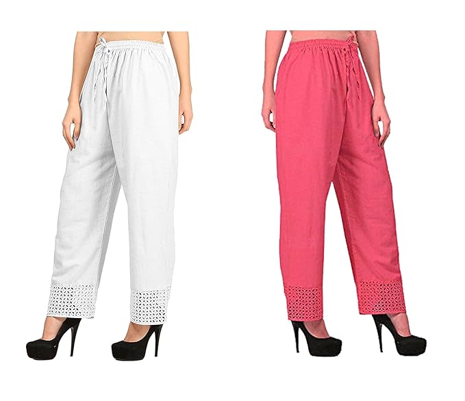 Women's Cotton Palazzo Designer Plain Casual Wear Palazzo for Women/Girl Combo Cotton Palazzo Color-White_Peach