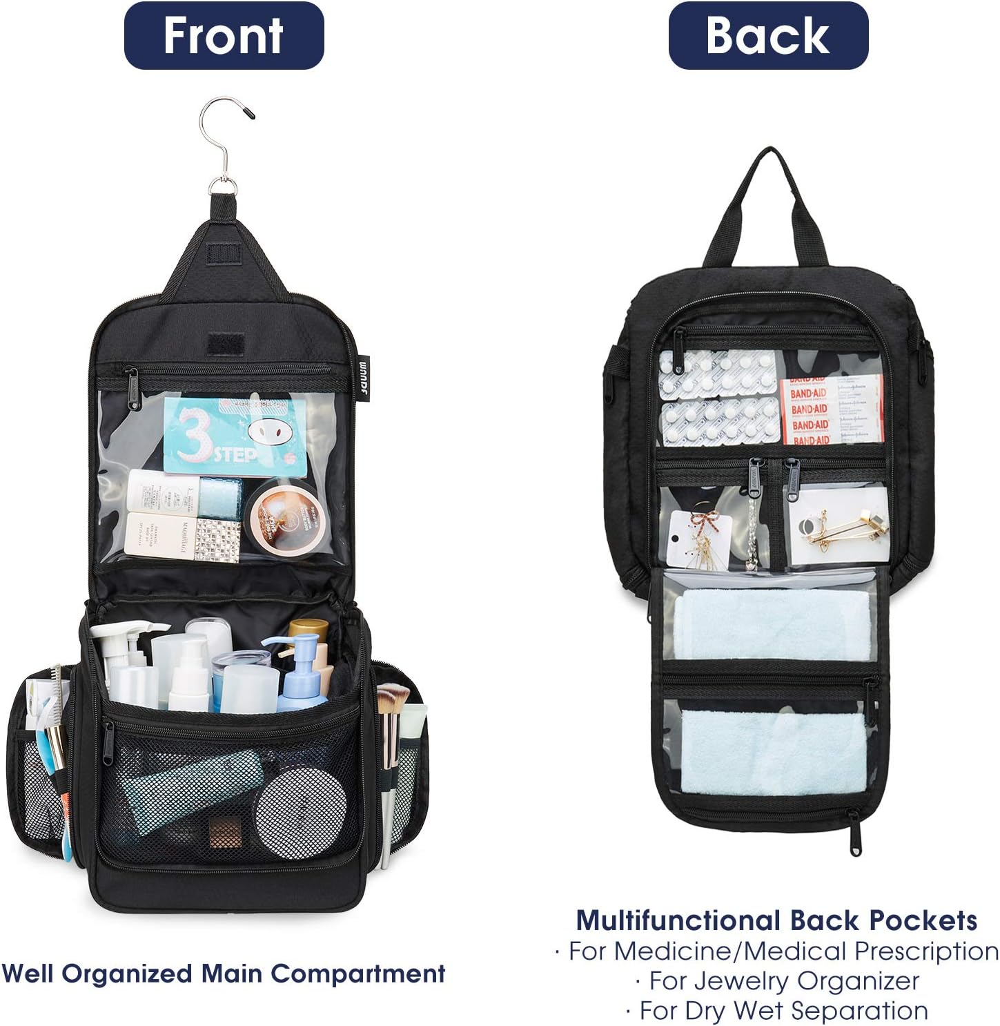 WANDF Toiletry Bag with Medicine Pocket Jewellery Bag and Clear Wet Separation Compartments Water-resistant Nylon Travel Shaving Dopp Kit Travel (Black): Clothing