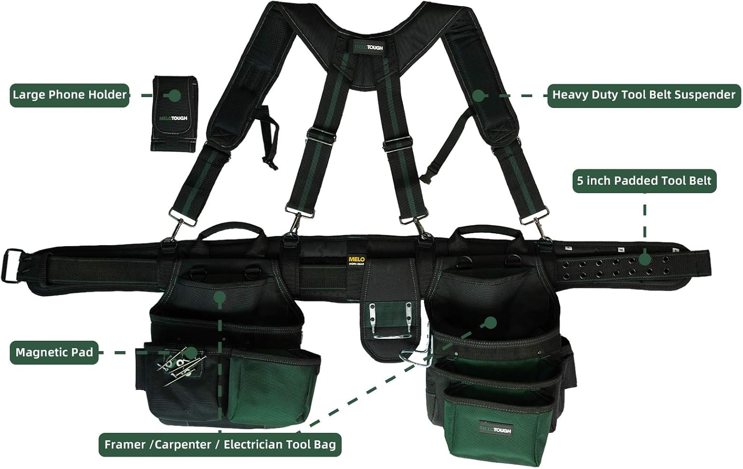 MELOTOUGH 28-Pocket Pro Framer's Combo Apron Tool Belt and Heavy Duty Padded Suspenders with Magnetic Desinger for Technician/Maintenance/Carpenter/and Electrician's Tools(Olive Green)… - - 