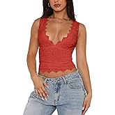 REORIA Womens Sexy V-Neck Sleeveless Double Lined Going Out Y2K Trendy Lace Cropped Tank Tops