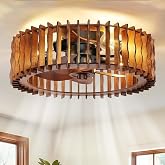 mnikopE 20" Flush Mount Ceiling Fan with Light, Wooden Caged Low Profile Fandelier with Remote, 6-Speed Reversible Bladeless Fan, Farmhouse Ceiling Fan for Bedroom, Kitchen, Living Room