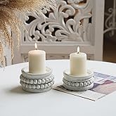 NIKKY HOME Farmhouse Beaded Wooden Candle Holders Set of 2, Rusitc Solid Wood Pillar Candlesticks Pedestal, Fireplace Mantle Table Centerpiece Decor, Distressed White