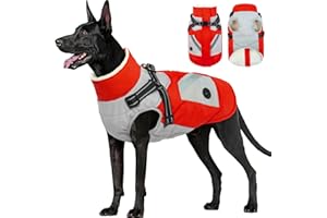 FUAMEY Dog Winter Jackets for Large Dogs,Dog Coat with Harness Built in,Waterproof Dogs Snowsuits Warm Pet Jacket Zip Up Fleece Cold Weather Coats Reflective Puppy Vest with Pocket Red XL
