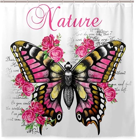 Amazon Liasdiva 防水 シャワーカーテン スローガンバタフライ咲く花タイポグラフィ言葉遣い 高級感あり 180x180cm丈 軽量 バスカーテン パーソナライズされたファッションパターン芸術の装飾 カーテンフックc型 付き シャワーカーテン ホーム キッチン