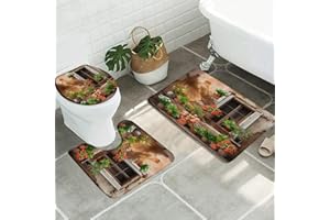 SATRTUD 3pcs Italian Bathroom Sets with Non-Slip Rug,Toilet Lid Cover and Bath Mat,Rustic Colorful Flowers Pots Fresh Plants Italy Greece Scene European Mediterranean Bathroom Carpet Bath Mat Toilet Rugs
