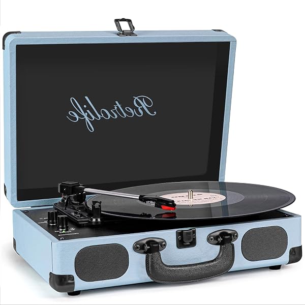 PORTABLE SUITCASE RECORD PLAYER, 3-SPEED BELT-DRIVEN VINYL TURNTABLE...