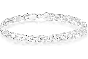 Miabella Italian 925 Sterling Silver, Tri-Color 18K Gold Plated 6-Strand Diamond-Cut 7mm Braided Herringbone Chain Bracelet for Women, Made in Italy