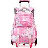 NIWEIYA Kids Rolling Backpack for Girls School Backpack with Wheels for Girls Wheeled Bookbags Roller Trolley Bags for Primary Students, 6-Wheel Pink