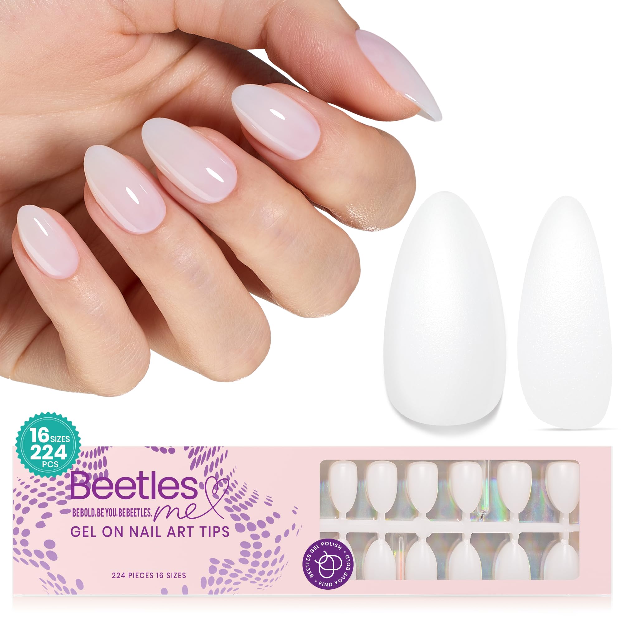 Photo 1 of Beetles Press On Nails Short Almond - 4 in 1 Matte Milky White Soft Gel Nail Tips 224PCS Pre-Applied Tip Primer Nails Press ons 16 Sizes Glue on Nails-Perfect for Girls&Women