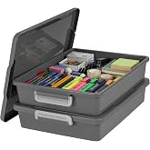 IRIS USA Storage Bins with Lids |Made in USA| 6 Qt - (2-Pack) - Gray | Discreet Plastic Containers for Crafts, Art, Office &amp; Study Supplies / Secure Latch Buckles