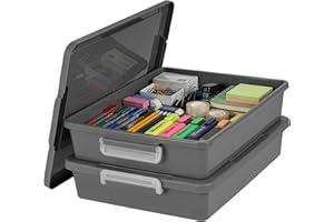 IRIS USA 6 Qt. Plastic Craft Storage Container Bins with Lids, 2 Pack, Small Art & Office Supply Organizer Tote, Sensory Bins & Boxes for Home & University, Stackable, Secure Latch Buckles, Gray