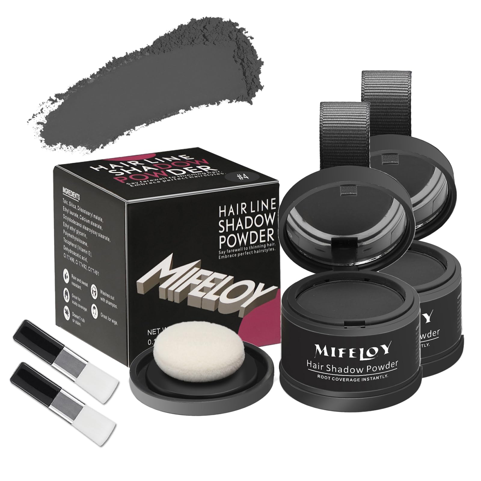 MIFELOY 2 Set Root Cover Up Powder, Dark Grey, Touch Up Hair Color for Grey, Roots Coverage Powder for Thinning Grays Hairline, Roots Concealer for Beard Line Eyebrow, Instantly Conceals Hair Loss
