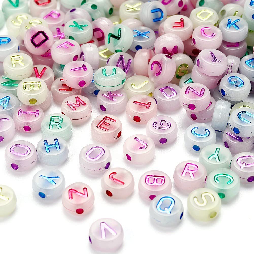200pcs Luminous Acrylic Alphabet Beads 10mm Glow in The Dark Multicolor Enamel A-Z Letter Beads Pony Disc Coin Loose Bead Spacer for DIY Jewelry Making