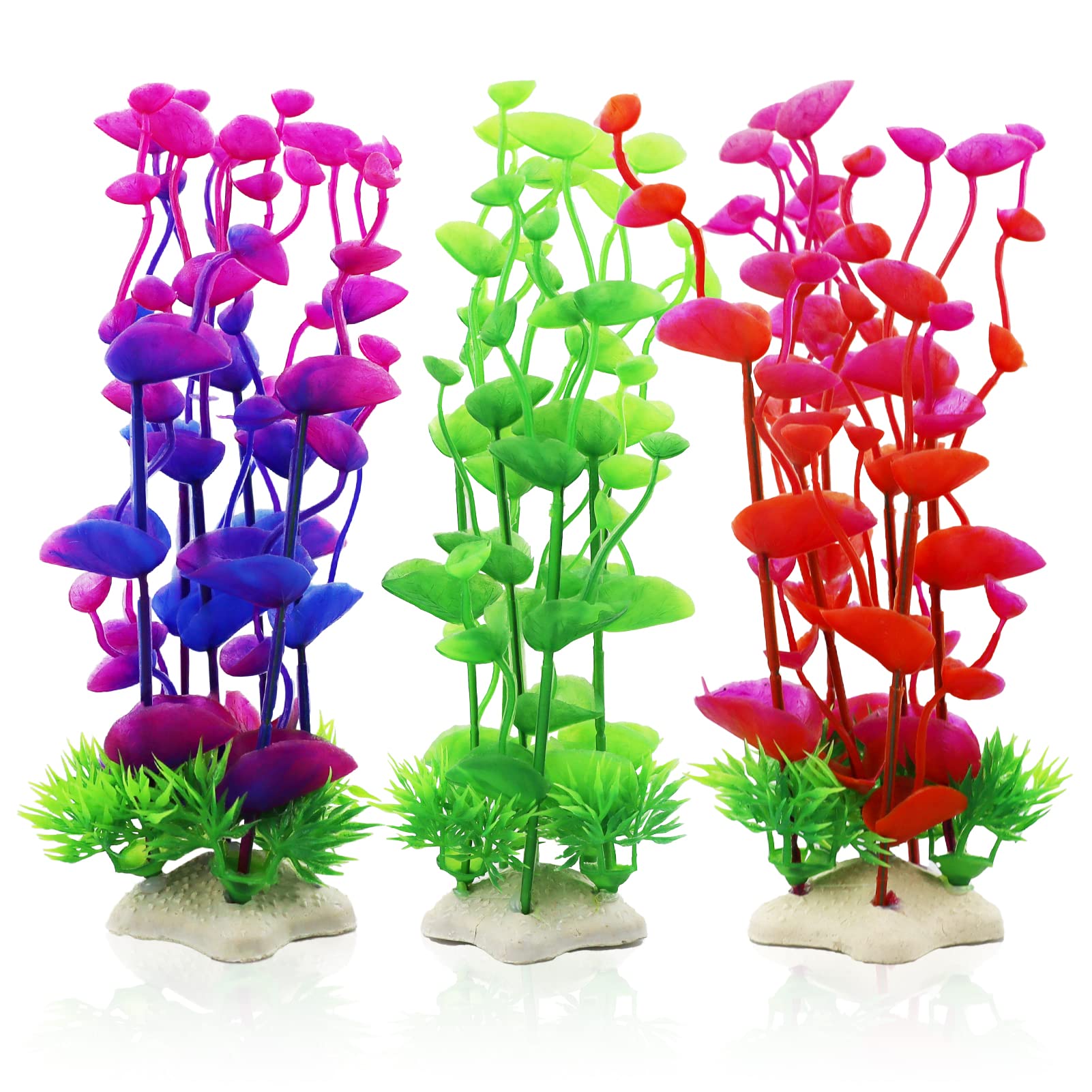 LAMXD 3 Pcs Artificial Aquarium Plants, Fish Tank Plants Decorations, Plastic Plants for Aquarium Fish Tanks, Faux Tall Aquatic Water Plants Artificial Ornaments for All Fish - 3 Colors