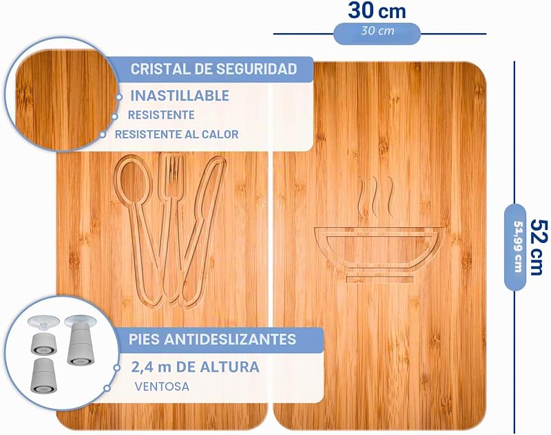 Placas protectoras para cocina Mod Almuerzo, ajustable en altura para todo tipo de cocinas, tabla de cortar y protector contra salpicaduras, vidrio, 30 x 52 cm, juego de 2