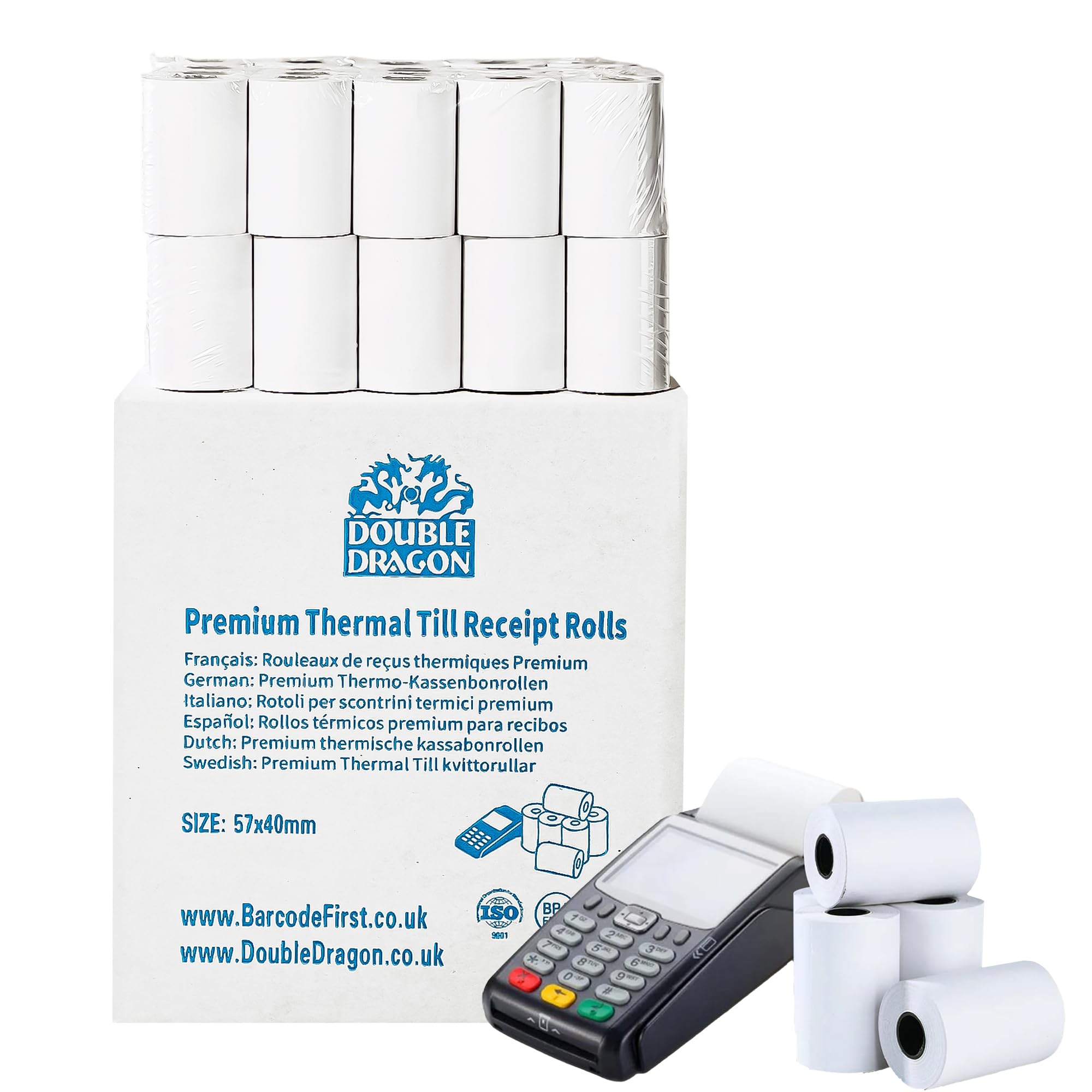 Double Dragon, 57 x 40 mm Premium Thermal Paper Till Receipt Roll for PDQ Credit Card Machine, POS, EPOS [Pack of 100]