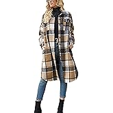 Himosyber Women's Casual Plaid Lapel Woolen Button Up Pocketed Long Shacket Coat