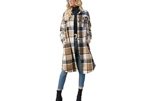 Himosyber Women's Casual Plaid Lapel Woolen Button Up Pocketed Long Shacket Coat