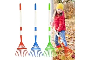 FANTANG 3PCS Kids Rakes for Leaves, 28" Child Size Garden Rake Childrens Lawn Rake Toddler Leaf Rake Blue Red Green Plastic Head Kid Yard Rakes with Detachable Hardwood Handle Great Garden Tools for Boy Girl