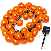 Solar Marigold Garland 21Ft 30 Silk Flowers+LED for Day of the Dead Diwali | 8 flash Modes 30 pcs Silk Marigold Flowers and waterproof solar battery box for Diwali Halloween Parties
