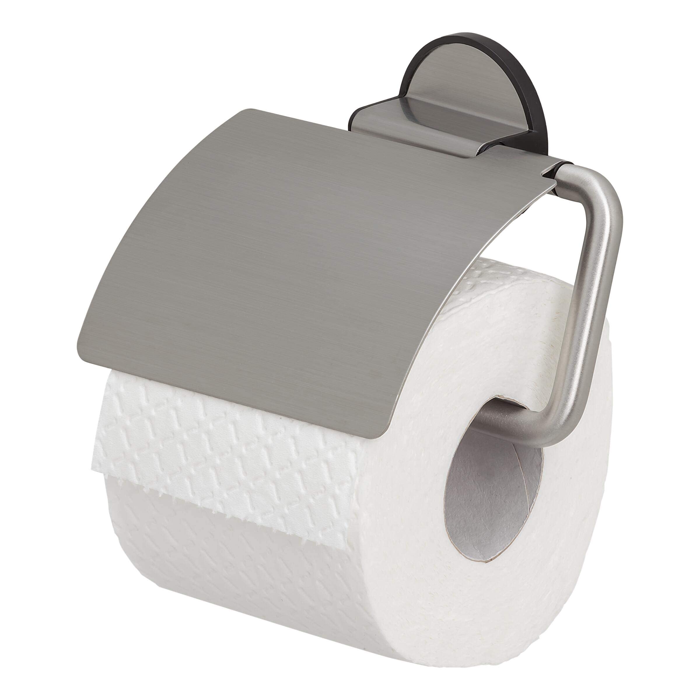 Tiger Tune Toilet Roll Holder with Cover, No Drilling Required Thanks to 3M Self-Adhesive Backing System, Optional Mounting with Screws and Plugs, Stainless Steel Brushed, Black, 15 x 12.3 x 3.3 cm