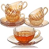 GURUDAR Glass Tea Cups and Saucers Set of 6, Glass Coffee Mugs with Stainless Steel Spoon, Dishwasher & Microwave Safe Teacups for Espresso Cappuccino Latte Tea Juice, 6OZ/180ML, Amber