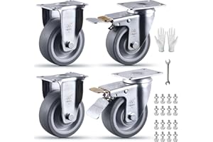 VM VIMA 4 Inch Castets Set of 4 Heavy Duty Caster Wheels with Brake 2200Lbs Swivel Rigid TPR Rubber Wheel Silent Castor Locking Industrial Plate Casters Wheels for Cart Furniture Workbench, 2 Fixed & 2 Brake