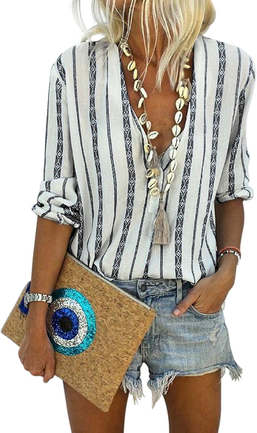Astylish Women V Neck Striped Roll up Sleeve Button Down Blouses Tops at  Women’s Clothing store