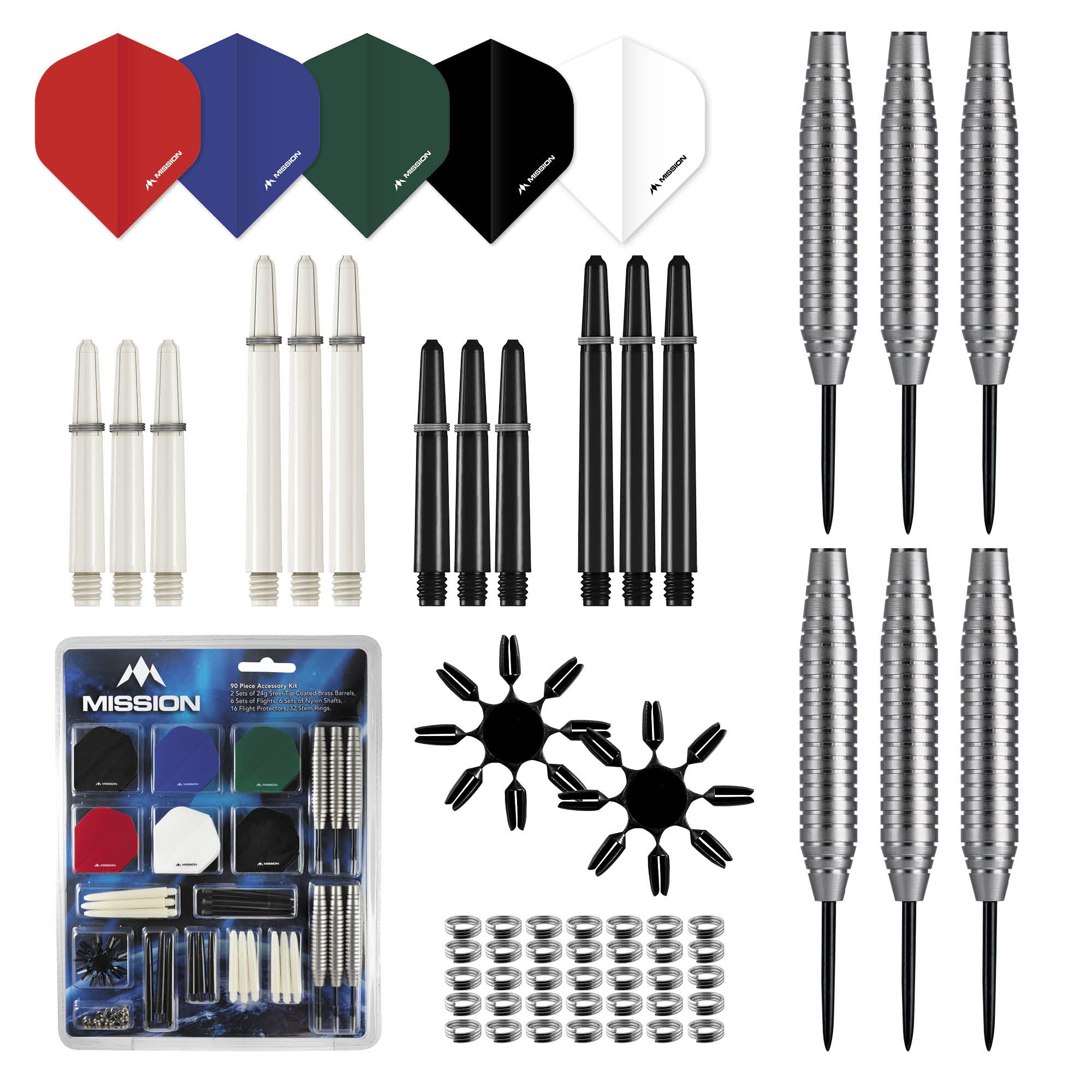 Mission Darts #_BX132 | 90 Piece Steel Tip Darts Set Accessory Kit Including 24g Brass Barrels, 100 Micron Flights, Nylon Stems and Protectors