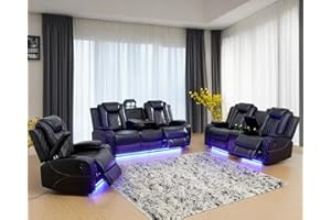 Plithzy Power Recliner Sofa Set with LED, Breathing Leather Living Room Furniture, Reclining Leather Sofa with USB Ports/Cup Holders/Armrest Storage (3 Pieces Couch Set, Black)