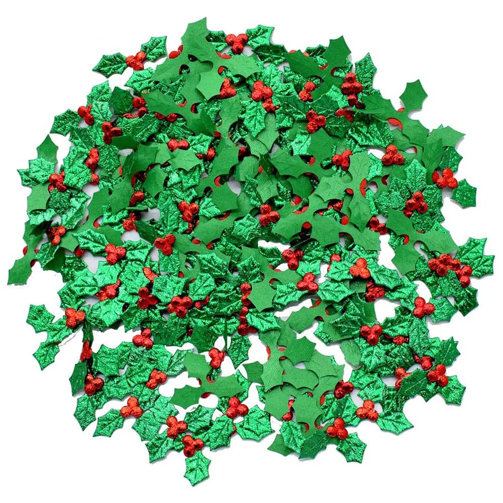 Christmas Holly Berries Embellishment, 100Pcs Mini Craft Berry Greens Leaf Sequins,Fabric Leaf Confetti for Christmas Card, Gift Tags, Table, DIY Craft Decorations.(3.5cm)