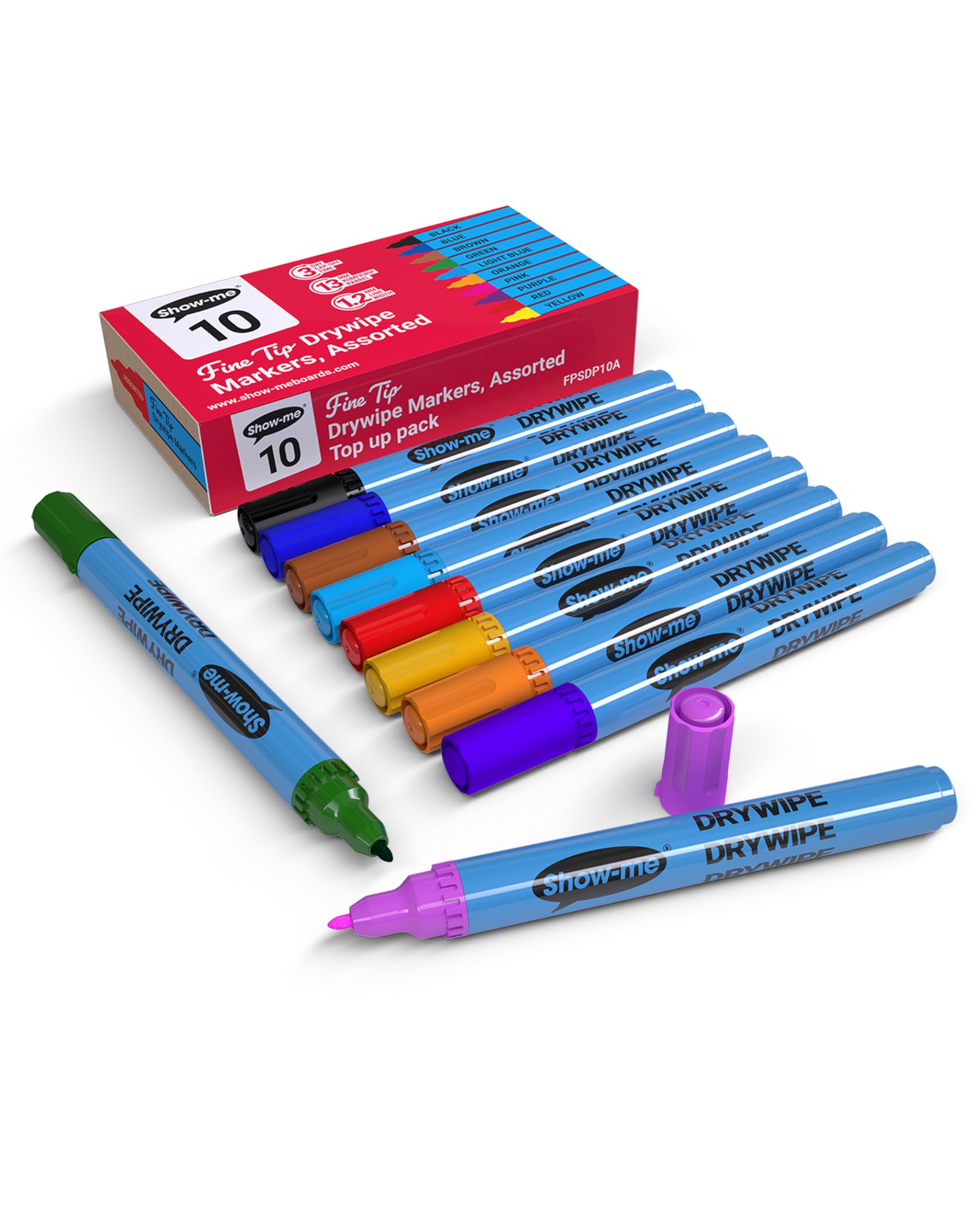 SHOW-ME - Whiteboard Markers | Drywipe, Erasable Fine Tip 1.2mm Line in Assorted Colours | Classroom Board Writing Pens with 3-Day Cap-off, Box of 10