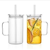 SoulTimes 26oz Large Ribbed Glass Tumbler with Handle and Lid - Set of 2, Clear Glass Cups with Reusable Straws, Vertical Striped Design - Perfect for Iced Coffee, Tea, Smoothies, and Cocktails