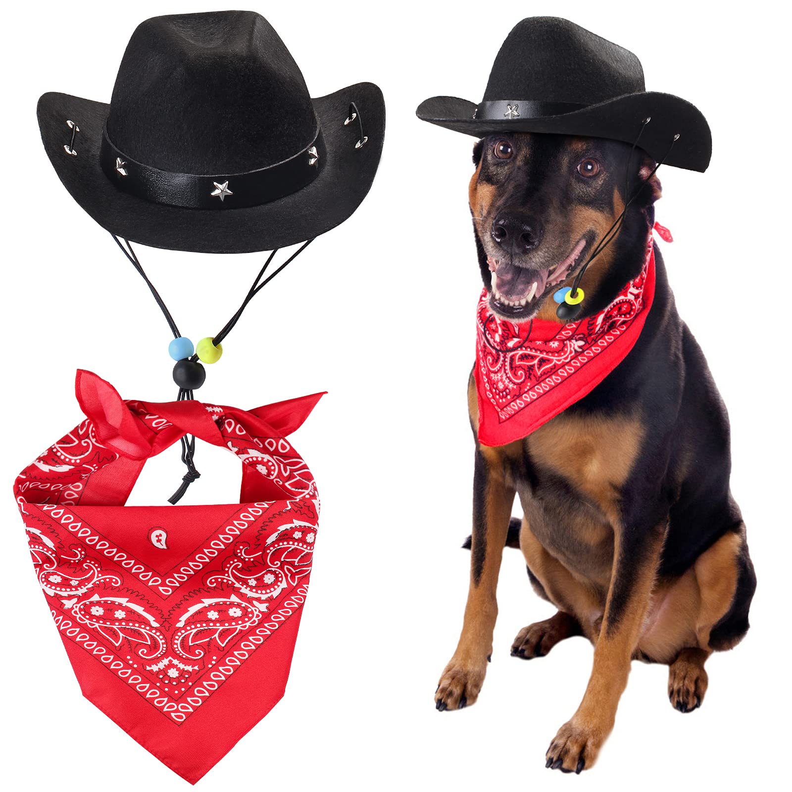 Yewong Pet Cowboy Costume Accessories Dog Cat Pet Size Cowboy Hat and Bandana Scarf West Cowboy Accessories for Puppy Kitten Party Festival and Daily Wearing Set of 2 (Black)