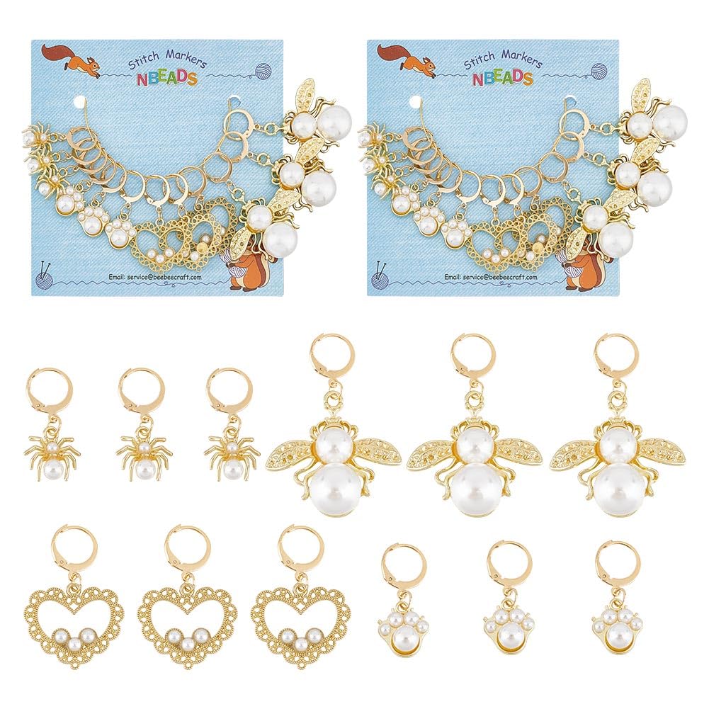 NBEADS 24 Pcs Acrylic Pearl Stitch Markers, Rhinestone Bee/Heart/Spider Alloy Crochet Marker Charms Removable 304 Stainless Steel Clasps Locking Stitch Marker for Knitting Weaving Sewing Jewelry — image 1
